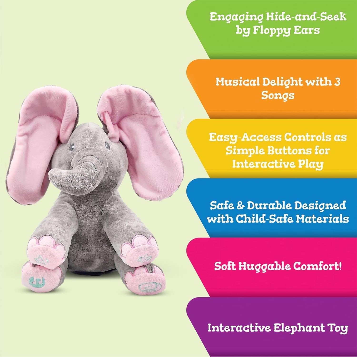 Musical Singing Elephant Plush Toy Light Up Peek-A-Boo Soft Elephant